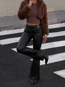 Jeanoix Y2K Women's Waist Button Design PU Leather Cargo Pocket Flare Pants - Black - View 4