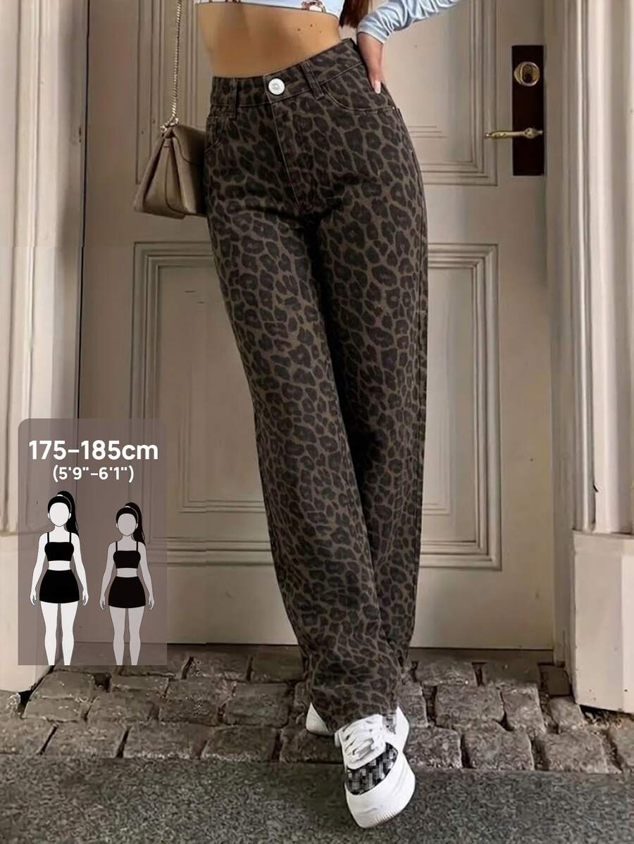 Flexra 春秋女款高腰豹紋 Y2K 美式復古辣妹風 遮臀顯瘦 百搭直筒長褲 - 棕色 - 查看 1
