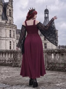 Whyspr Goth Plus Size Halloween Burgundy Patchwork Asymmetrical Hem Witch Camisole Tie-Up Dress - Multicolor - View 2