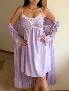 DAZY Women's Lace Patchwork Camisole Dress And Cardigan Casual Sleepwear Set - Purple - View 3