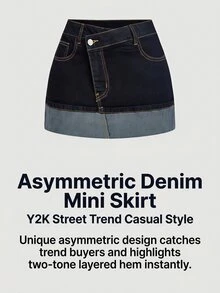 SHEIN MOD 女款休閒百搭牛仔迷你裙，附口袋與鈕扣，適合日常外出、週末度假，海軍藍，夏季款 - 藍色 - 查看 5