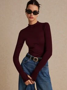 Poéselle Women High Stretch Knit 100 Cotton Turtleneck T-Shirt Solid Basic Layering Top Versatile Four Season Back To School Wardrobe Staple Everyday - Burgundy - View 4