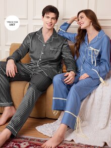 CoupledUp Classic Black & White Vertical Striped Men's Cardigan Pajama Set, Long Sleeve, Long Pants, Lapel Collar, Wearable Outdoors, 2 Pieces Home Set - Black and White - View 3