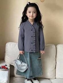Dazy Kids Young Girl Sweet Ruffle Trim Button Long Sleeve Blouse - Blue - View 3