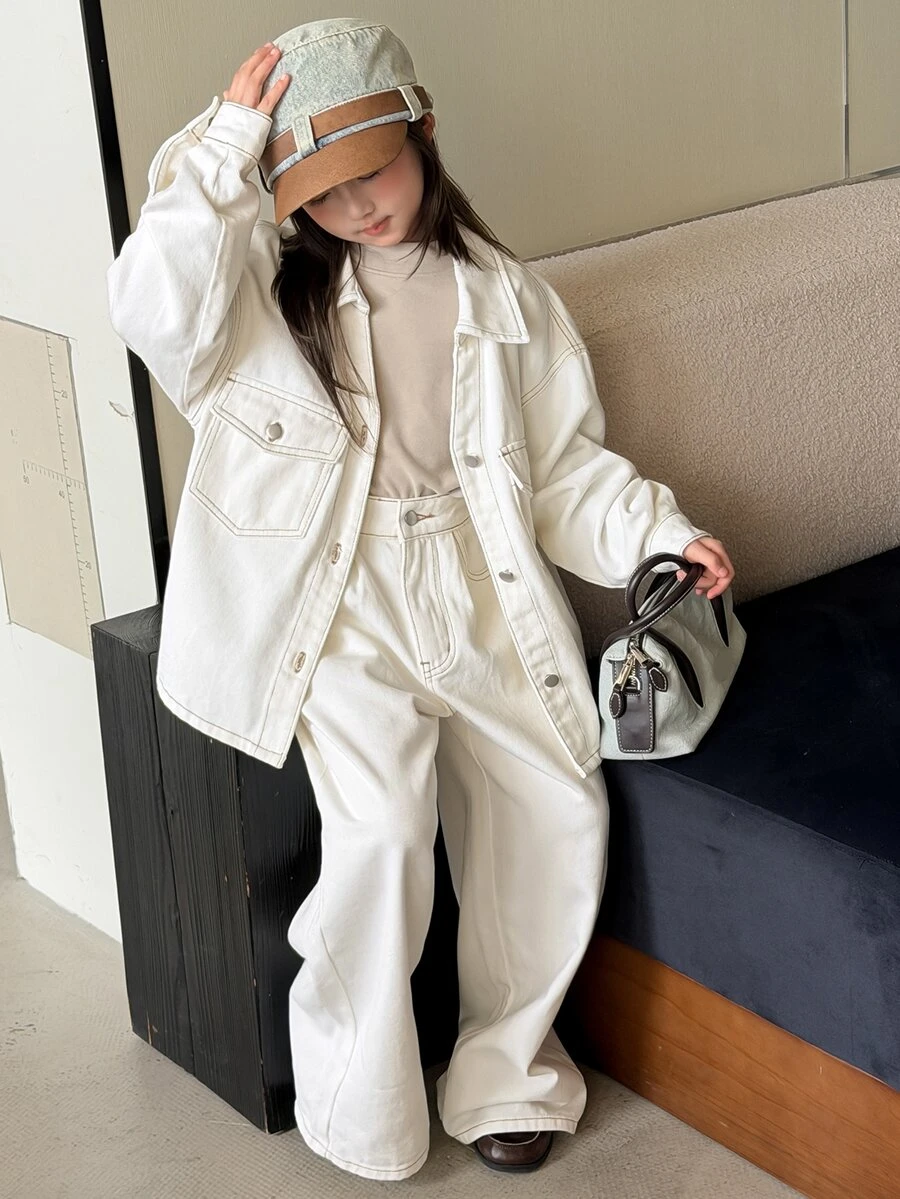 DAZY Set 2 Potong untuk Remaja Putri (Tween Girl): Atasan Kasual Lengan Panjang Denim Leher V + Celana Jeans Denim Potongan Lurus - Putih - View 1