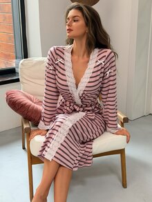 Livesso Women's Contrast Lace Striped Long Sleeve Elegant Nightgown - Pink - View 3