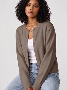 SHEIN BASICS 女款復古休閒純色單排扣長袖針織開襟衫 辦公日常校園商務 橄欖綠 秋季 - 駝色 - 查看 4