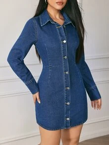 Flexra Women's Fashion Button-Up Waist Denim Dress - Dark Wash - View 3