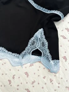 Sunspun Plus Size Summer Elegant Contrast Color Lace Trim Slit Cami Camisole - Multicolor - View 6