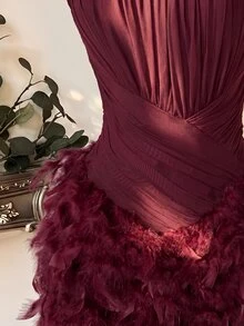 Lovelzi Burgundy Sequin Embroidered Mesh Patchwork Feather Decor Wide Shoulder Strap Spaghetti Ruched Bodycon Short Dress New Year Christmas Party Fall - Burgundy - View 3