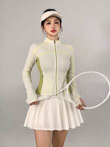 DAZY Women's Striped Colorblock Zip-Up Long Sleeve Sports Jacket - Beige - View 6