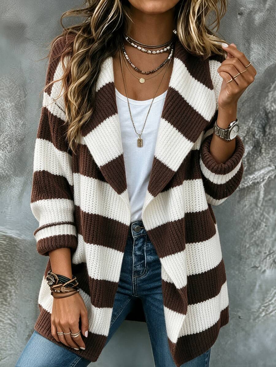 SHEIN 女款拼色休閒日常開襟衫 - 咖啡棕 - 查看 1