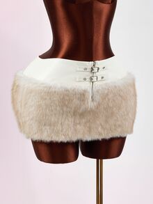 Mistrie Women's Sexy Faux Fur & Metal Button Patchwork Skirt - White - View 5