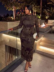 Firerie Autumn/Winter Floral Print Casual Minimalist Plus Size Long Sleeve Round Neck Fitted Long Dress - Multicolor - View 3
