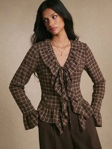 Poéselle Women's Plaid Ruffle Collar Flare Sleeve Blouse, Fall Concert Outfit, Casual Workwear, Halloween Street Style - Chocolate Brown - View 5