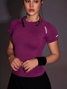 Powerista 女款字母印花插肩袖短袖運動機能上衣 T-shirt 無縫健身訓練運動跑步休閒健身房露背運動休閒外穿上衣 - 玫瑰紅 - 查看 7