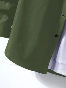 Manfinity Homme 男士 1件 格紋拼接口袋補丁鈕扣襯衫，秋季長袖上衣 - 軍綠色 - 查看 4