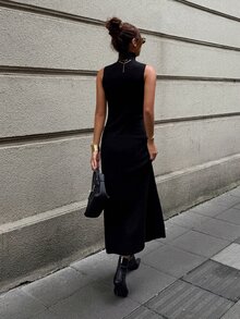 DAZY Women's Solid Color High Neck Sleeveless Fitted Fashion Knit Dress - Black - View 4