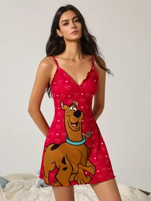 SCOOBY-DOO X SHEIN Women's Cartoon Print Spaghetti Strap Nightgown - Red - View 1