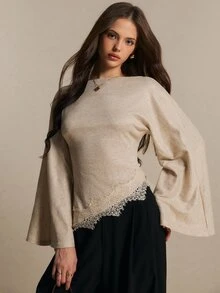 Poéselle Women's Lace Patchwork Casual Daily Long Sleeve Top - Apricot - View 1
