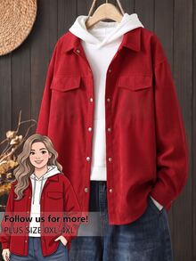 SHEIN LUNE Plus Size Corduroy Long Sleeve Loose Fit Shirt Fall Cloth For Women - Burgundy - View 3