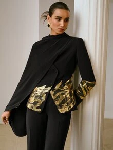 ZEYLAH Women's Designer Sequin Button Long Sleeve Blazer - Black - View 4