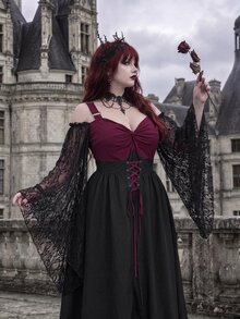 Whyspr Goth Plus Size Halloween Burgundy Patchwork Asymmetrical Hem Witch Camisole Tie-Up Dress - Multicolor - View 1