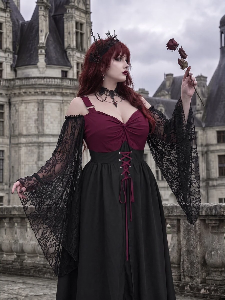 Whyspr Goth Plus Size Halloween Burgundy Patchwork Asymmetrical Hem Witch Camisole Tie-Up Dress - Multicolor - View 1