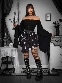Whyspr BATMAN X SHEIN Plus Size Women Off Shoulder Tie Design Casual Party Dress - Black and White - View 6
