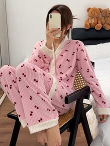Napfluff Casual Heart Print Velvet Contrast Patchwork Long Sleeve Pants Pajama Set For Women - Baby Pink - View 3