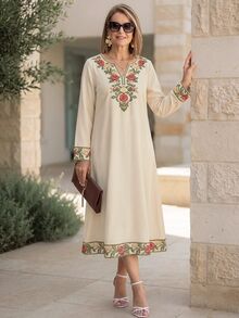 Miaspire Middle-Aged Women's Embroidered Notch V-Neck Dress - Multicolor - View 6