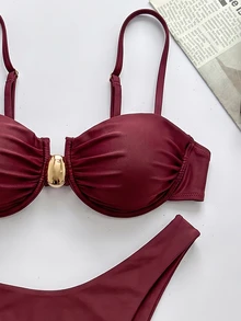 Swim Chiccia 純色細肩帶鋼圈上衣與泳褲套裝，夏季女款泳衣套裝 - 酒紅色 - 查看 4