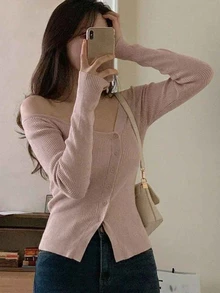 DAZY 女款春秋休閒純色斜肩開襟衫長袖上衣，秋季女裝 - 粉色 - 查看 7