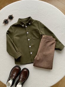 SHEIN 男童橄欖綠工裝襯衫，時尚開襟多功能實用上衣，長袖休閒全開扣單口袋襯衫，輕量純色短袖領襯衫，時尚夏季日常穿搭，春秋男童服飾，適合生日派對、旅行、聚會 - 橄欖綠 - 查看 1