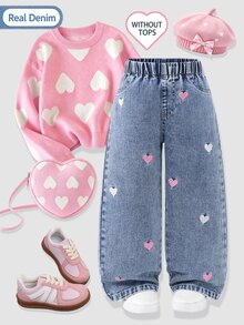 SHEIN Genkimix Kids 女童愛心刺繡寬腿牛仔褲，鬆緊腰休閒牛仔長褲，可愛甜美嬰幼兒女童款 - 淺色水洗藍 - 查看 1