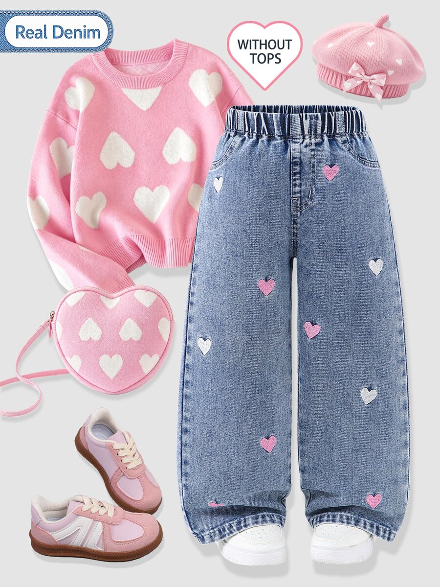 SHEIN Genkimix Kids 女童愛心刺繡寬腿牛仔褲,鬆緊腰休閒牛仔長褲,可愛甜美嬰幼兒女童款 - 淺色水洗藍 - 查看 1
