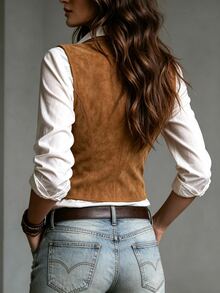 LUMIGAL Women's Vintage Double-Breasted Zipper Suede Vest - Brown - View 2