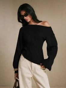 Poéselle Women's Elegant Ribbed Jacquard Asymmetrical Hem Warm Sweater, Fall Winter Knit Top For Work, Dating, Vacation, Party & Holiday Outfits - Black - View 4