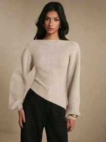 Poéselle 女款優雅羅紋提花不對稱下擺保暖毛衣，秋冬針織上衣，適合上班、約會、度假、派對與節日穿搭 - 杏色 - 查看 7