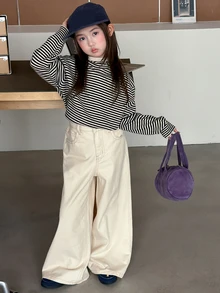 Dazy Kids Tween Girl) Loose Straight Leg Elastic Waist Casual Long Pants With Printed Pattern, Autumn/Winter Denim - Beige - View 3