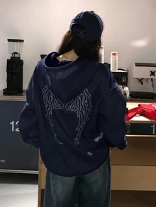 DAZY 女款秋冬連帽水鑽韓風長袖衛衣 - 藏蓝色 - 查看 3
