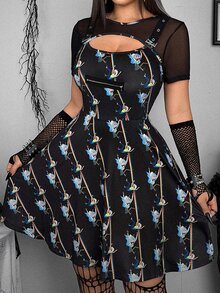 Whyspr Rick and Morty X SHEIN Plus Size Y2K Cartoon Graphic Print Fashion Dress Halloween - Black - View 1