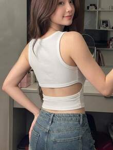 DAZY 女款純色鏤空修身百搭日常穿著上衣 Y2K - 白色 - 查看 7