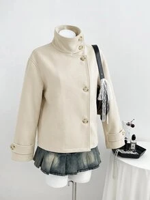 Elamini Women's Autumn/Winter Gray Wool Blend High Neck Button-Front Long Sleeve Loose Short Jacket,. Preppy Style For Commute, Office, Workplace, Outing - Apricot - View 3