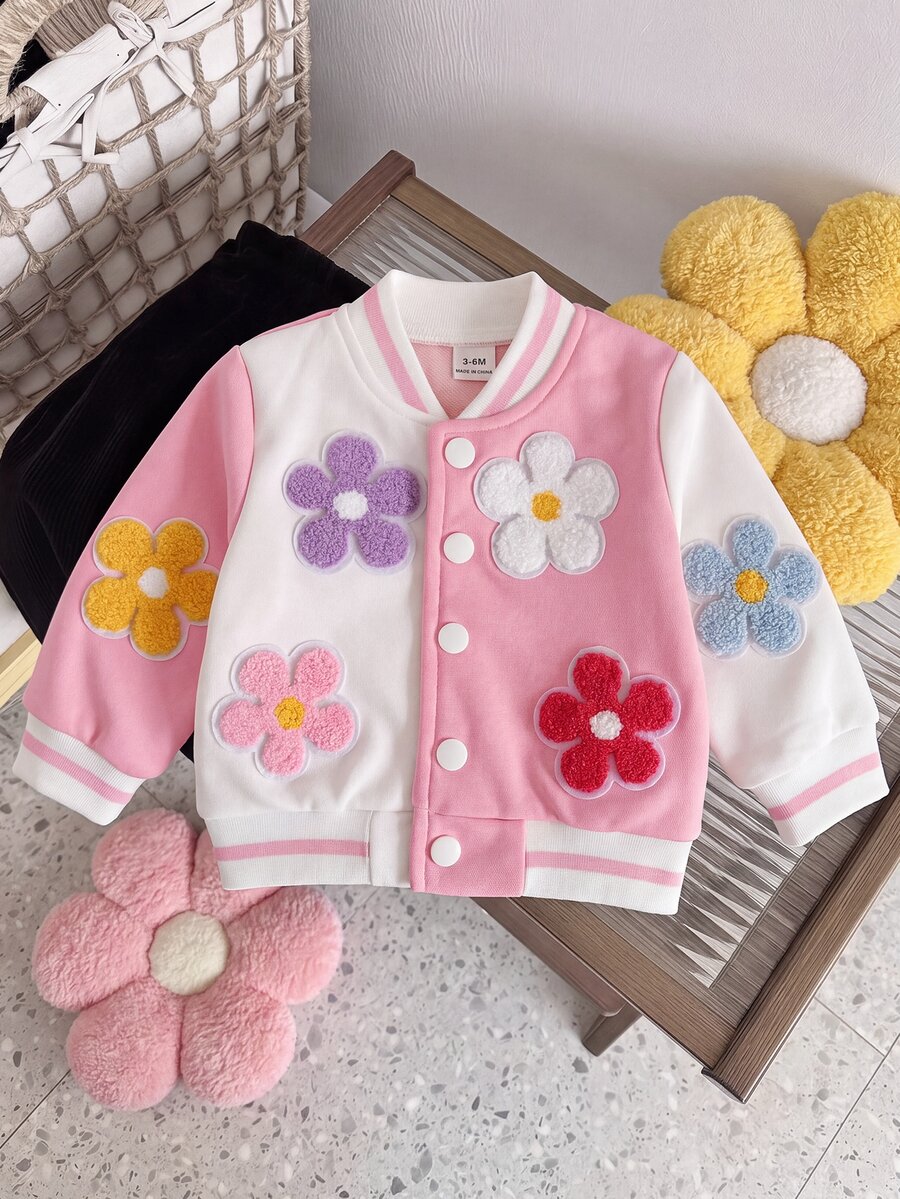 SHEIN Playful Pals 女嬰秋冬休閒甜美可愛學院風粉色與白色拼接設計 3D 毛絨花朵貼飾單排扣羅紋領落肩棒球夾克 - 粉色 - 查看 1