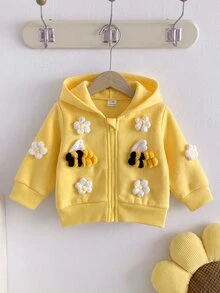 SHEIN 女嬰夾克 學院風 秋冬休閒 拉鍊連帽長袖可愛加厚白色開襟衫 卡其色炭灰色印花羽絨夾克牛仔夾克 - 黃色 - 查看 7