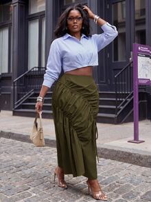 Slaydiva Autumn/Winter Casual Street Khaki Asymmetric Ruched Fishtail Skirt Plus Size Fall - Army Green - View 8
