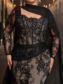 Glamrae Plus Size Elegant Romantic Glamorous Black & Nude Contrast Cold Shoulder Ruffle Fitted Mermaid Hem Evening Gown, Suitable For Evening Party, Date, Ball, Vacation, Wedding, Event, Heavily Embellished - Multicolor - View 5