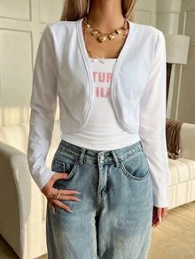 SHEIN EZwear 女款純色休閒百搭多功能日常長袖夾克，白色，適合秋季日常旅行 - 白色 - 查看 3