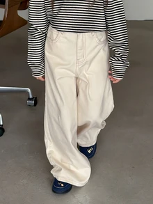 Dazy Kids Tween Girl) Loose Straight Leg Elastic Waist Casual Long Pants With Printed Pattern, Autumn/Winter Denim - Beige - View 4